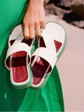 STAUD White & Mint Slide Leather Sandals with Burgundy Footbed